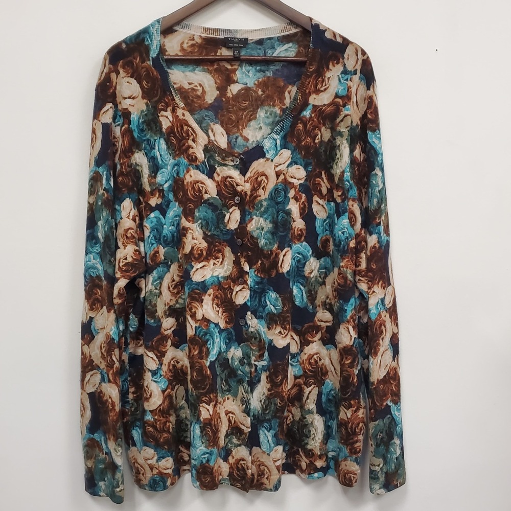 Talbots Womens Button Front Scoop Neck Pure Merino Wool Cardigan Size 3X Artsy